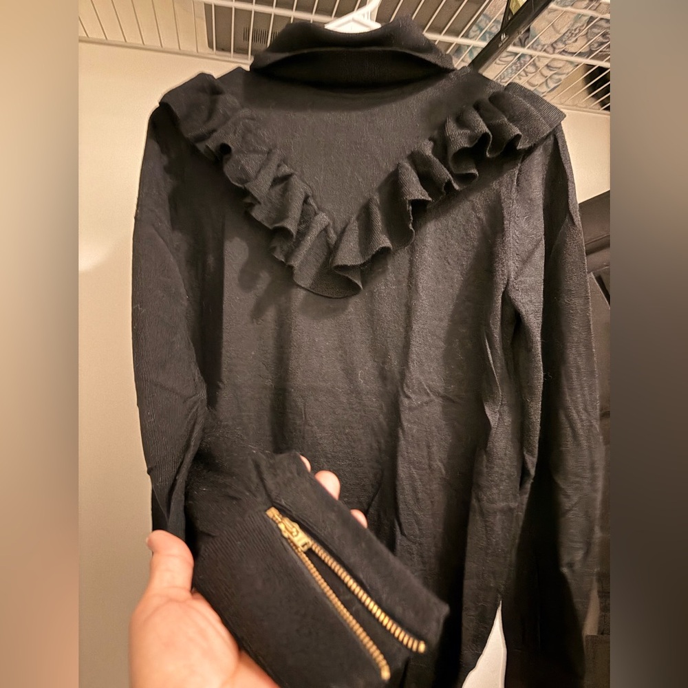 J. Crew Ruffled Mockneck Sweater with Gold Zip Cuffs - Black - Size M